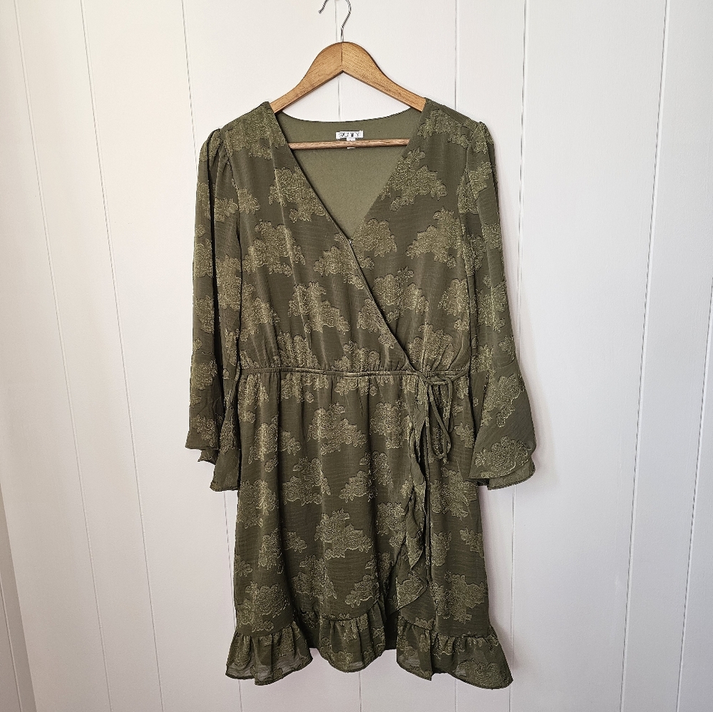 Signify olive green floral bell sleeve ruffle dress